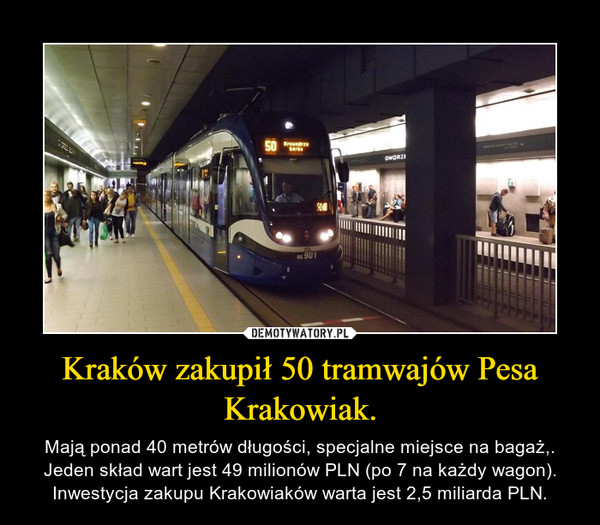 Kraków zakupił 50 tramwajów Pesa Krakowiak. – Mają ponad 40 metrów długości, specjalne miejsce na bagaż,. Jeden skład wart jest 49 milionów PLN (po 7 na każdy wagon). Inwestycja zakupu Krakowiaków warta jest 2,5 miliarda PLN. 