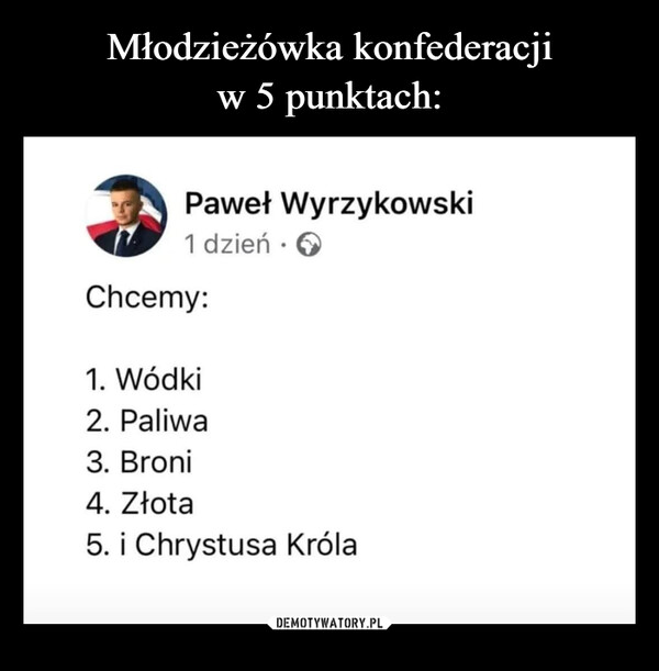  –  Paweł Wyrzykowski1 dzień · 6Chcemy:1. Wódki2. Paliwa3. Broni4. Złota5. i Chrystusa Króla